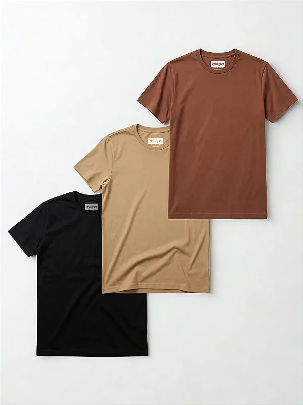 Kit 3 Camisetas Toque Macio - Marrom, Areia e Preto