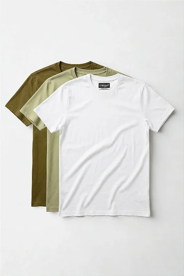 Kit 3 Camisetas Magun Toque Macio - Branco, Musgo e Verde Claro