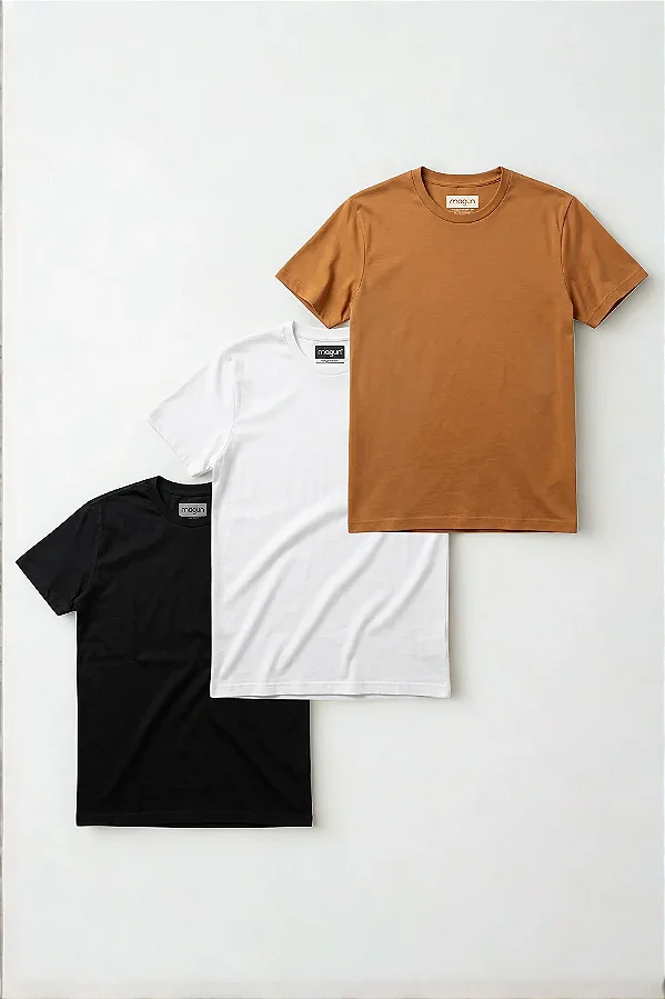 Kit 3 Camisetas Magun Toque Macio - Branco, Caramelo e Preto