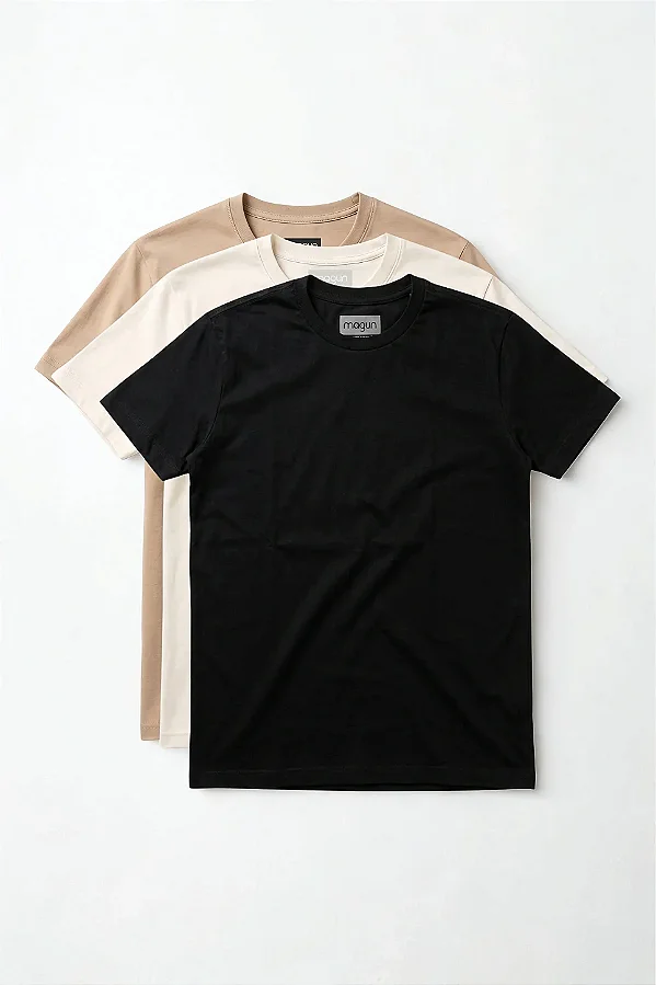 Kit 3 Camisetas Magun Toque Macio - Off White, Preta e Bege