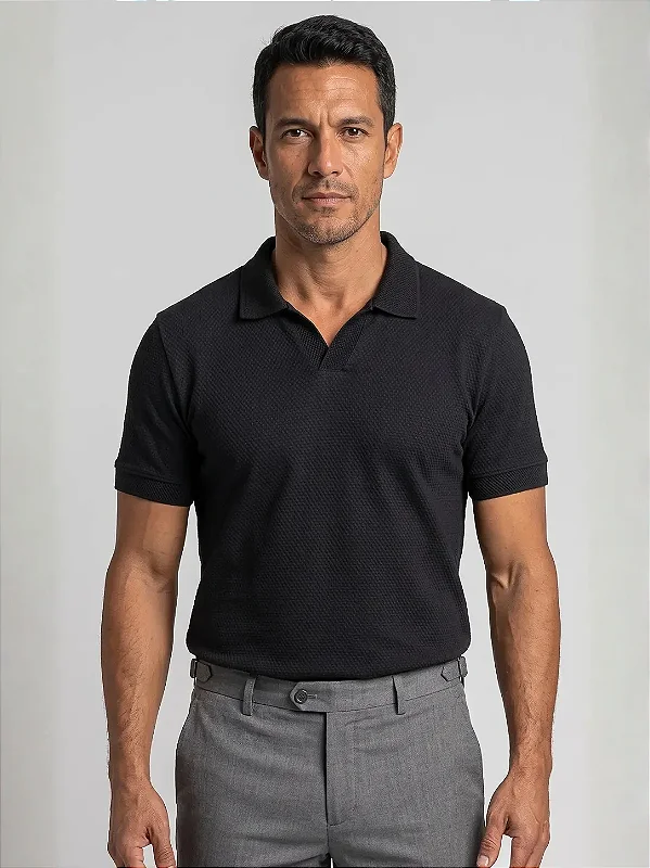 Camisa Polo Masculina Sem Botão Texturizada Preta