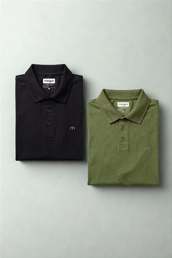 Kit 2 Camisas Polo Preta e Verde Algodão Magun Minimal