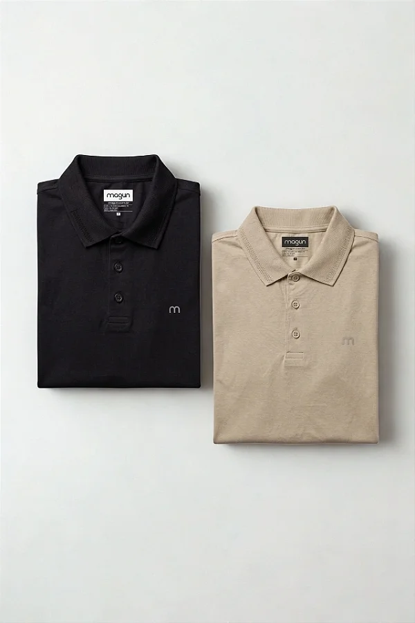 Kit 2 Camisas Polo Preta e Areia Algodão Magun Minimal