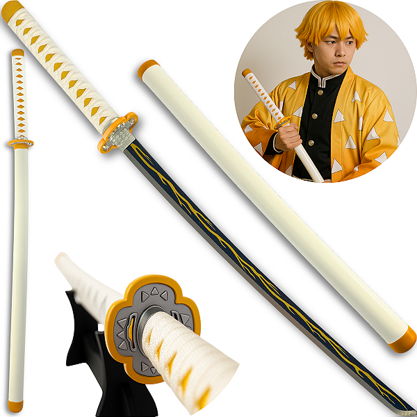 Katana Zenitsu Agatsuma Demon Slayer Lâmina Aço Inox Cosplay + Bainha Trabalhada