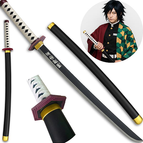 Katana Giyu Tomioka Demon Slayer Cosplay Lâmina Aço Inox + Bainha Trabalhada