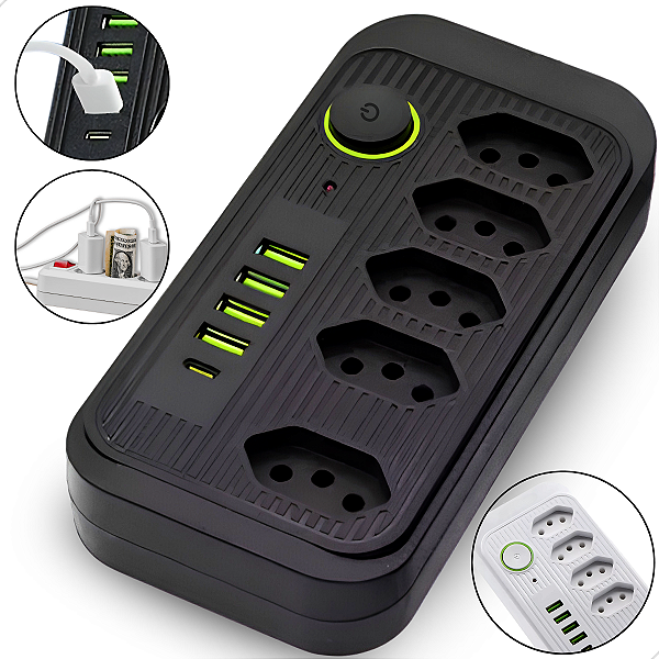 Extensão 5 Tomadas E 4 Usb 1 Pd Led Bivolt Power 110v/220v