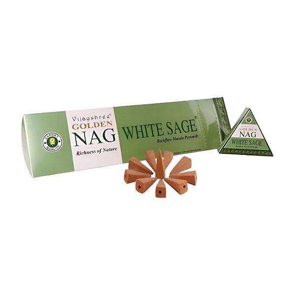 Incenso Cascata Golden Nag Sálvia Branca – Cone Pirâmide | Cura Xamânica (10 Cones)