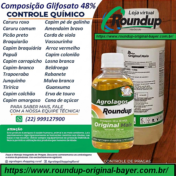 Glifosato Roundup Fracionado 200 ml - Composição Glifosato 48% Veneno Mata Mato Herbicida