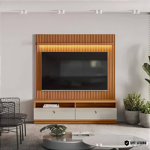 RACK E PAINEL  COM LED OURO PRETO LINEA BRASIL COR NATURE/OFF WHITE