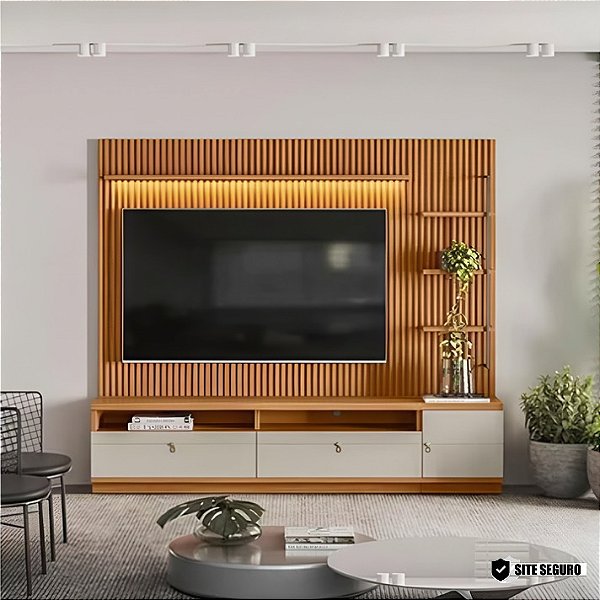 RACK E PAINEL COM LED 1 MÓDULOS LATERAIS OURO PRETO LINEA BRASIL COR NATURE/OFF WHITE