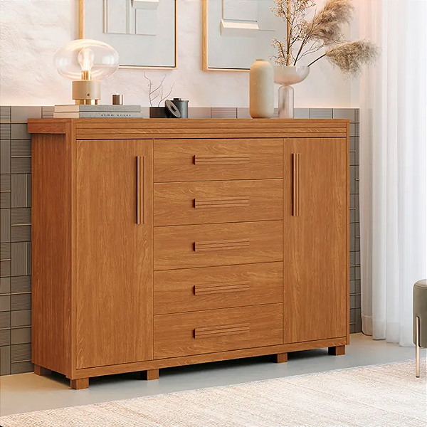 Cômoda Havana 5 Gavetas 2 Portas 100% MDF Nature Barreto Lonçarcci