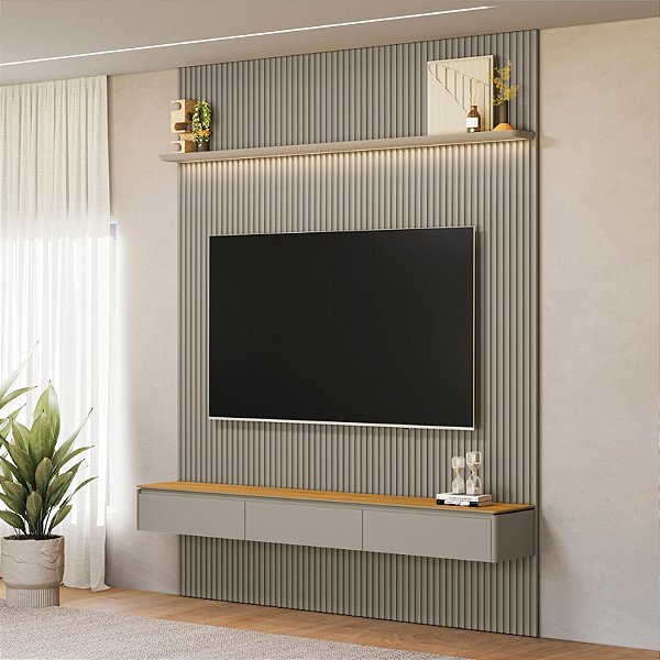 Painel Ripado Modular 2.2 com Nicho Curvo e Prateleira com LED