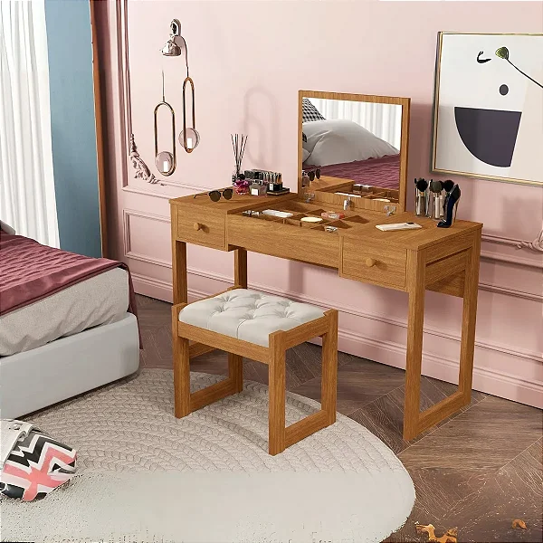 Penteadeira Luanda Com Banqueta 100% MDF Nature Barreto Lonçarcci