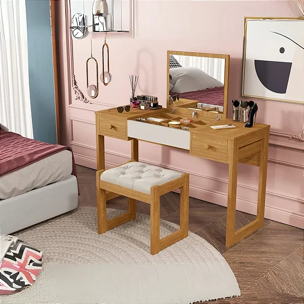 Penteadeira Luanda Com Banqueta 100% MDF Cinamomo/Off-White Barreto Lonçarcci