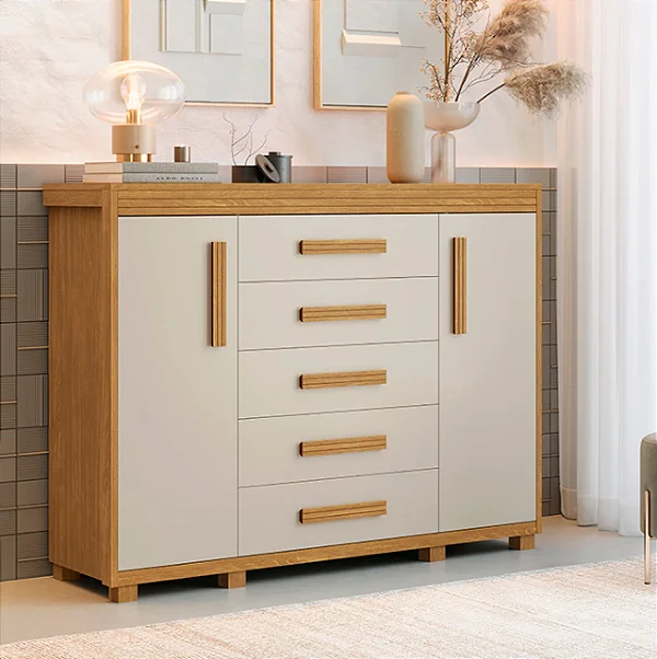 Cômoda Havana 5 Gavetas 2 Portas 100% MDF Cinamomo/Off-White Barreto Lonçarcci