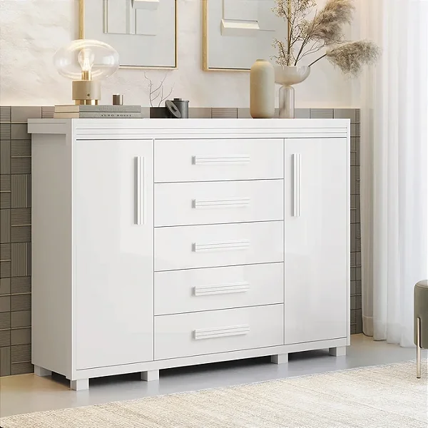 Cômoda Havana 5 Gavetas 2 Portas 100% MDF Branco Barreto Lonçarcci