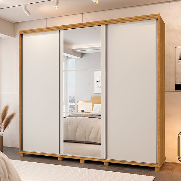 0004.07 BARRETO ROUPEIRO BERLIN 3 PORTAS C/ ESPELHO CINAMOMO/OFF WHITE