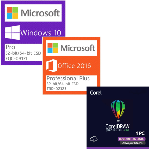 Windows 10 Pro + Office 2016 + CorelDraw 2020 Licença Vitalícia – Versão 32/64 Bits