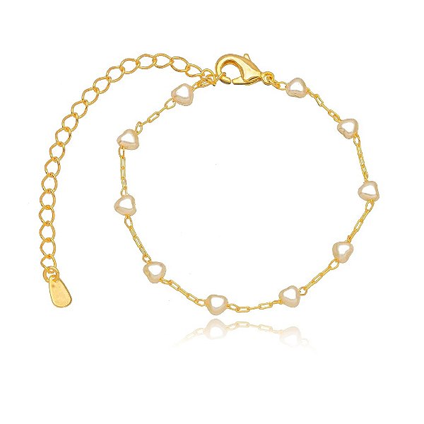PULSEIRA  MADREPÉROLA CORAÇÃO BANHADO A OURO 18K