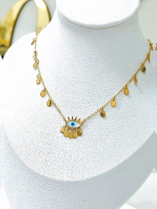 COLAR OLHO GREGO COM MEDALHAS LISA BANHADO A OURO 18K