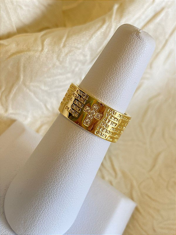ANEL ORAÇÃO PAI NOSSO CRAVEJADO BANHADO A OURO 18K