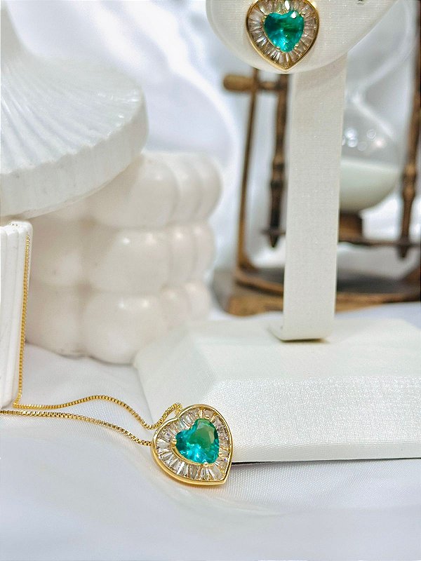 CONJUNTO COLAR E BRINCO CORAÇÃO PEDRA TURMALINA ZIRCÔNIA NAVETE BANHADO A OURO 18K