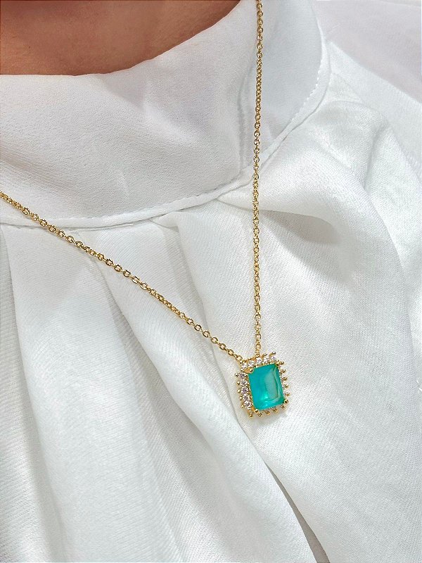 CONJUNTO COLAR BRINCO PEDRA TURMALINA CRAVEJADO BANHADO A OURO 18K