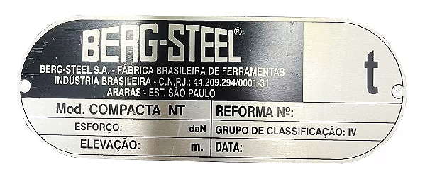 Placa Identificação Alumínio Para Talha Compacta Nt 1 A 2ton