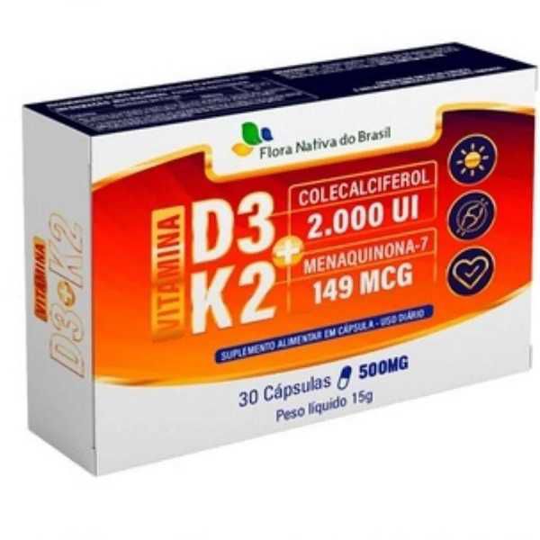 VITAMINAS D3 + K2 (2000UI D3 E 149MCG K2) - FLORA NATIVA 30 CAPSULAS
