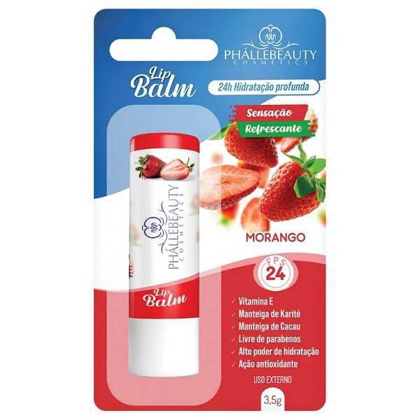 BATOM HIDRATANTE LABIAL LIP BALM FPS 24 MORANGO PHALLEBEAUTY 3,5G