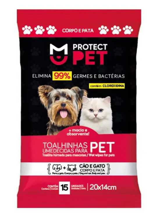 TOALHA UMEDECIDA CAES E GATOS SACHE 15 UND. 20X14CM CX/24 - PROTECT PET