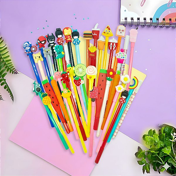 Kit 10 Canetas Kawaii Criativas – Gel Fofa com Personagens Comidas Animados