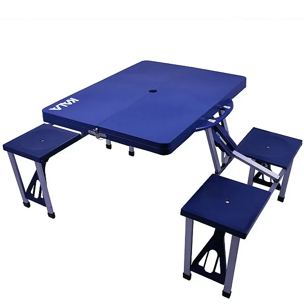 Mesa Camping Dobrável Alumínio Tipo Maleta Com 4 Banquetas