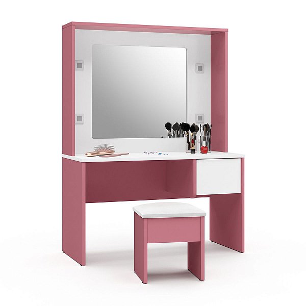 Penteadeira Infantil Diana Led e Banqueta Rosa Branca