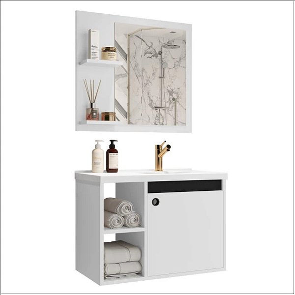 Conjunto Gabinete c/ Espelheira e Cuba p/ Banheiro 60cm Adonis Branco c/ Preto