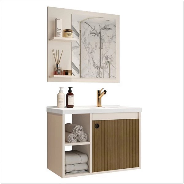 Conjunto Gabinete c/ Espelheira e Cuba p/ Banheiro 60cm Adonis Pérola Ripado