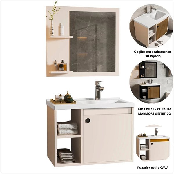 Conjunto Gabinete c/ Espelheira e Cuba p/ Banheiro 60cm Adonis Branco