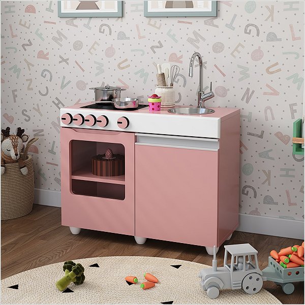 Mini Cozinha Infantil Luli Com Pia e Fogão Rosa e Branco