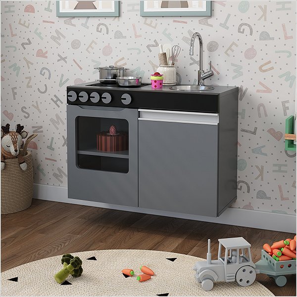 Mini Cozinha Infantil Luli Com Pia e Fogão Cinza e Preto