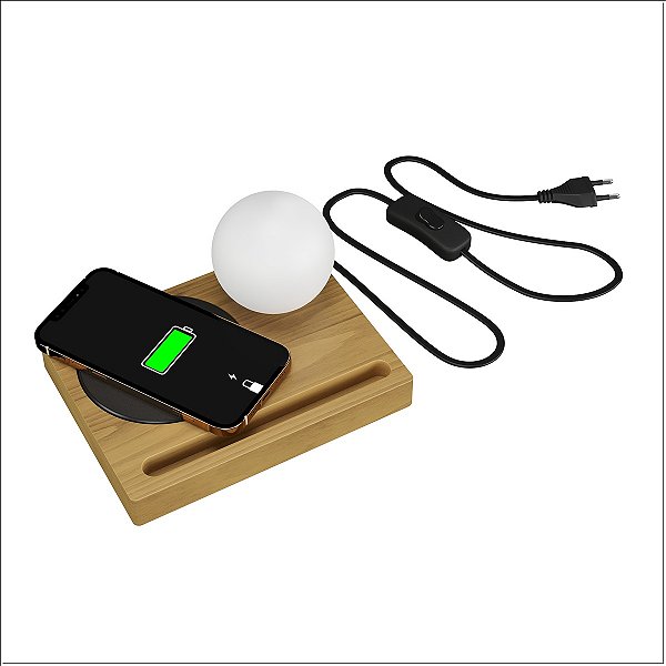 Luminária Orion Mesa Globo Vidro Indução Madeira Natural