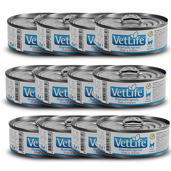 Kit c/ 12 Vet Life Hypoallergenic Pork & Potato Ração Úmida p/ Gatos 85g