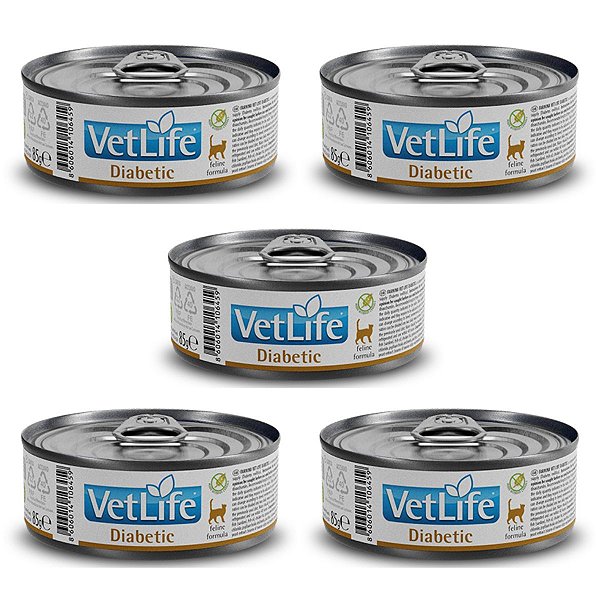 Kit c/ 5 Vet Life Diabetic Ração Úmida p/ Gatos 85g