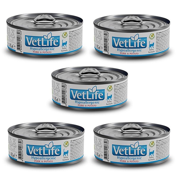 Kit c/ 5 Vet Life Hypoallergenic Pork & Potato Ração Úmida p/ Gatos 85g