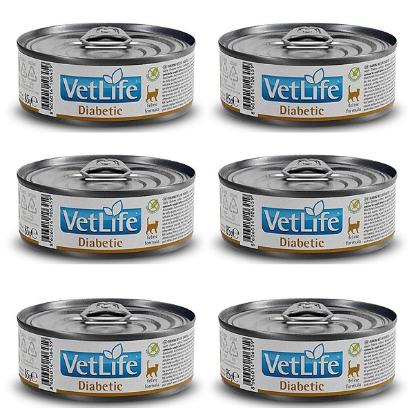 Kit c/ 6 Vet Life Diabetic Ração Úmida p/ Gatos 85g