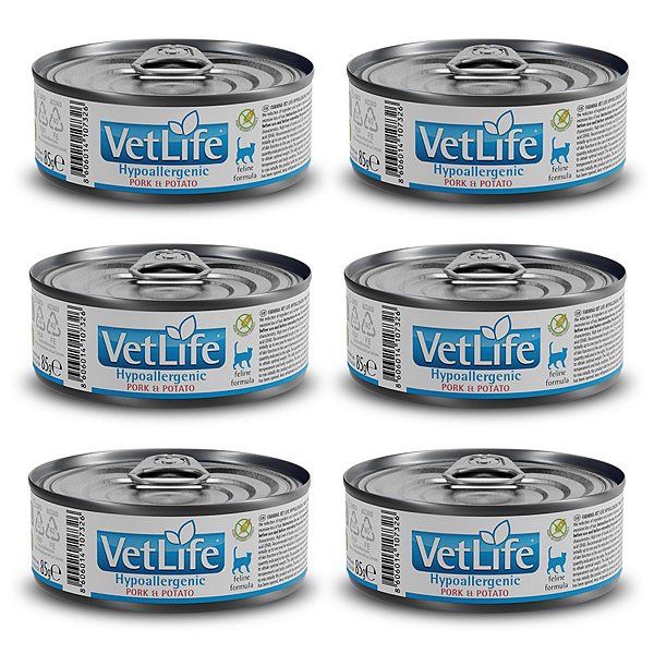 Kit c/ 6 Vet Life Hypoallergenic Pork & Potato Ração Úmida p/ Gatos 85g