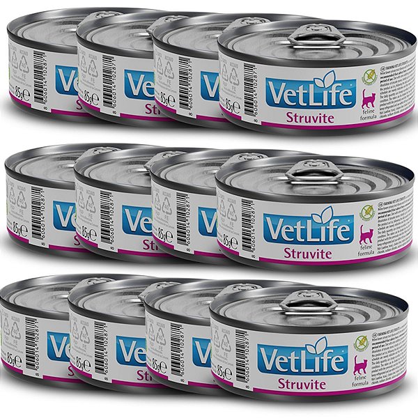 Kit com 12 Vet Life Struvite Ração Úmida p/ Gatos 85g