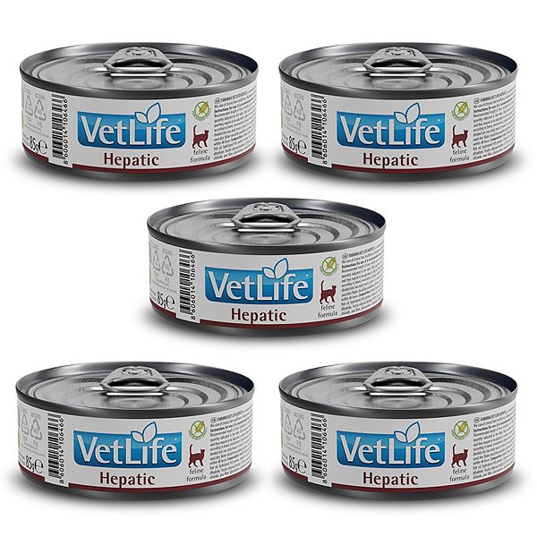 Kit c/ 5 Vet Life Hepatic Ração Úmida p/ Gatos 85g