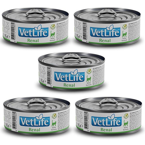 Kit c/ 5 Vet Life Renal Ração Úmida p/ Gatos 85g