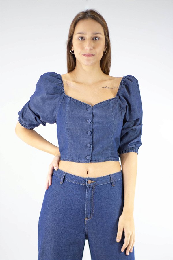 Blusa Jeans Manga Bufante Blue Cantao - Color me