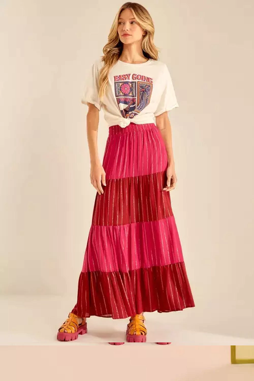 Saia Bicolor Oh Boy Fio Lurex Oh Boy Vermelho e Rosa M - Izibida